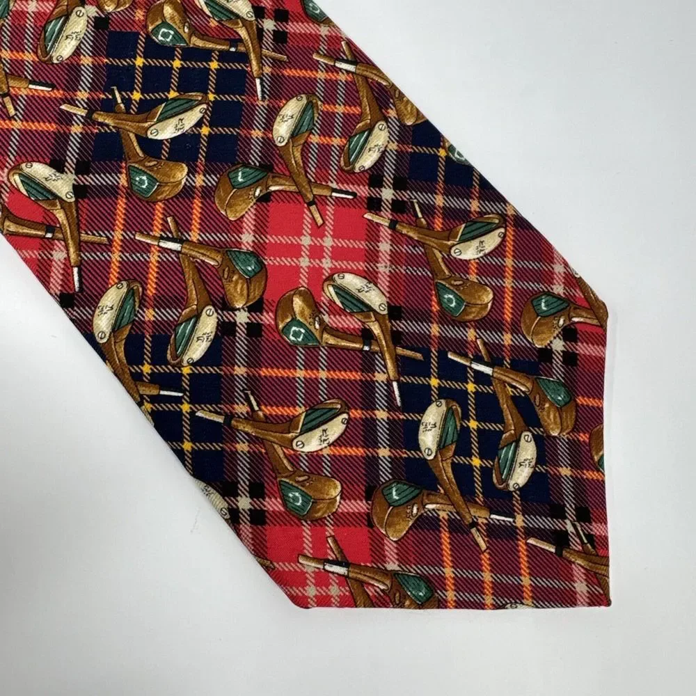 VTG Huntington Necktie‎ 100% Silk Golf Club Red Blue Plaid USA Made 3.75